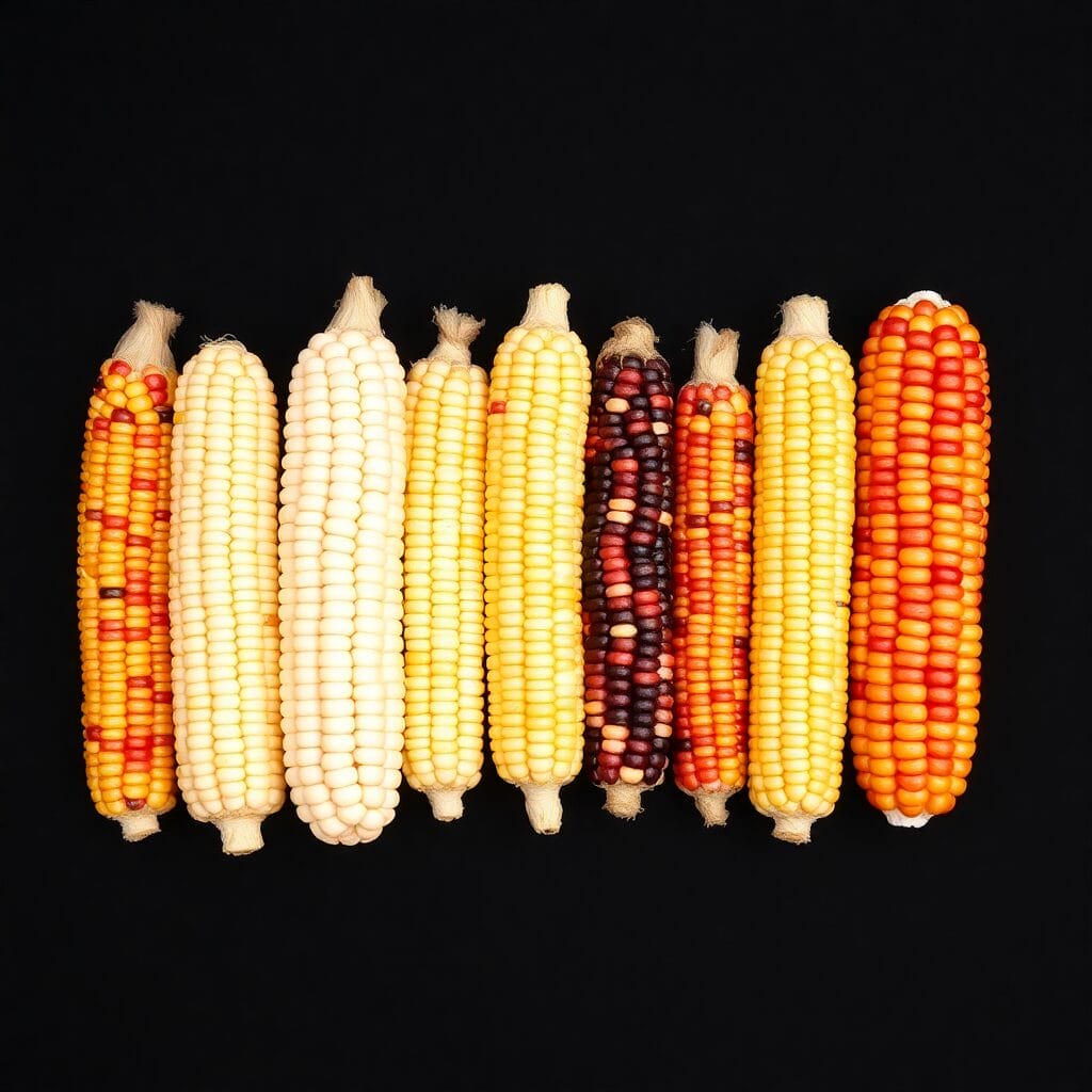 Nine ears of maize in varying colours—white, yellow, red, and purple—are arranged side by side on a black background, highlighting the diversity crucial for food security.