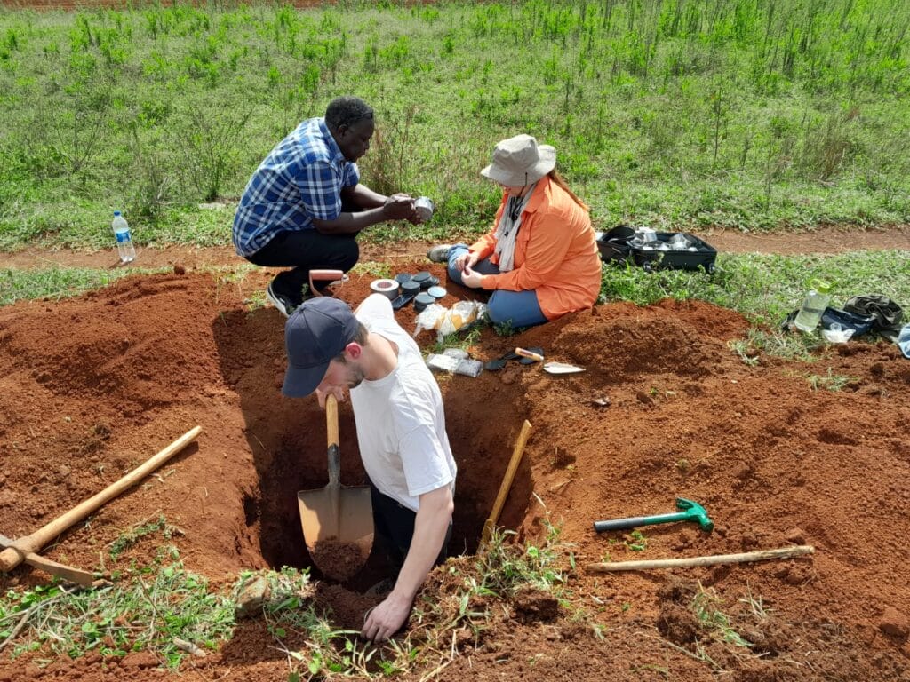 Three people conduct field research at a soil excavation site; one person digs with a spade while two others handle samples and equipment nearby to study maize ecophysiology and its impact on future food security.