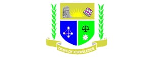 A shield-shaped crest divided into four sections with symbols representing climate-resilient agriculture, flanked by green branches, and a yellow banner below displaying the words "Oasis of Knowledge".